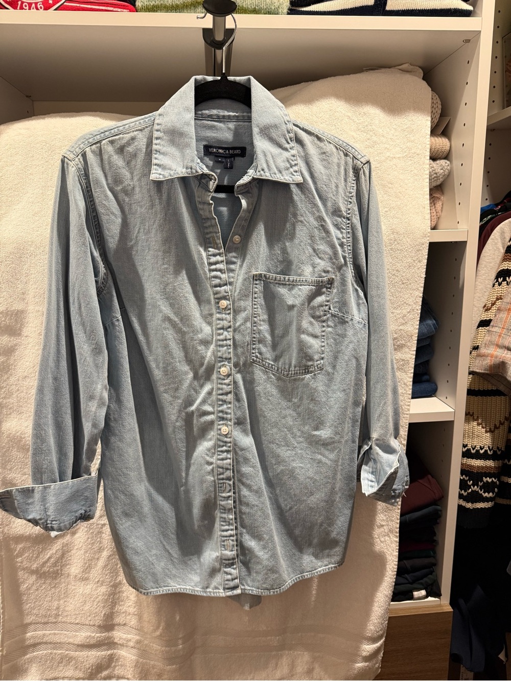 Veronica Beard Maya Chambray Button-Down Shirt in Sky - Picture 9 of 11